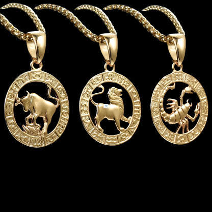 Men's Women's 12 Horoscope Zodiac Sign Gold Pendant Necklace