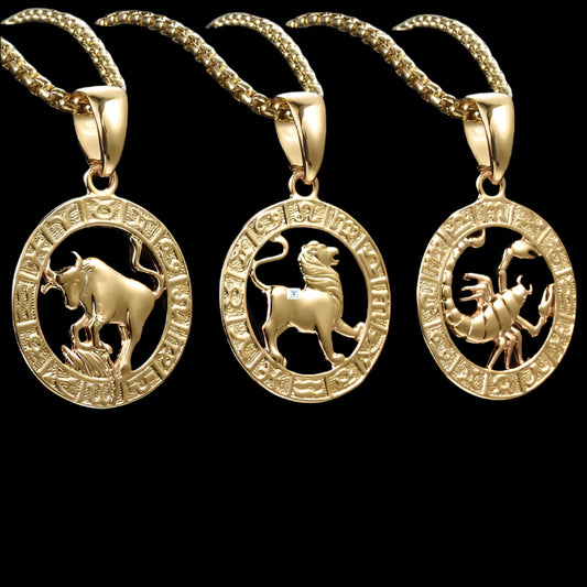 Men's Women's 12 Horoscope Zodiac Sign Gold Pendant Necklace