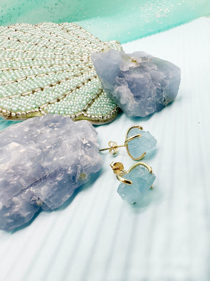 Unpolished Aquamarine Stone Stud Earrings LE018-2