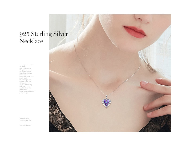 Top Quality 925 Sterling Silver Jewelry Fashion Women Four Colors Crystal Heart  Angel Wing Pendants Necklace Wholesale-3