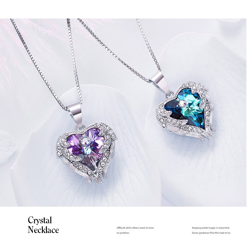 Top Quality 925 Sterling Silver Jewelry Fashion Women Four Colors Crystal Heart  Angel Wing Pendants Necklace Wholesale-4