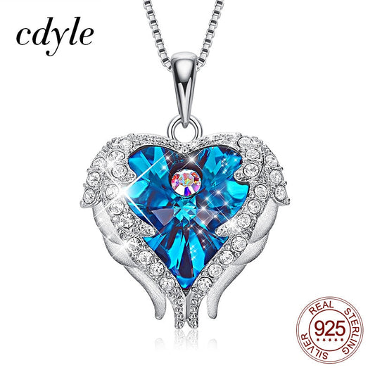 Top Quality 925 Sterling Silver Jewelry Fashion Women Four Colors Crystal Heart  Angel Wing Pendants Necklace Wholesale-1
